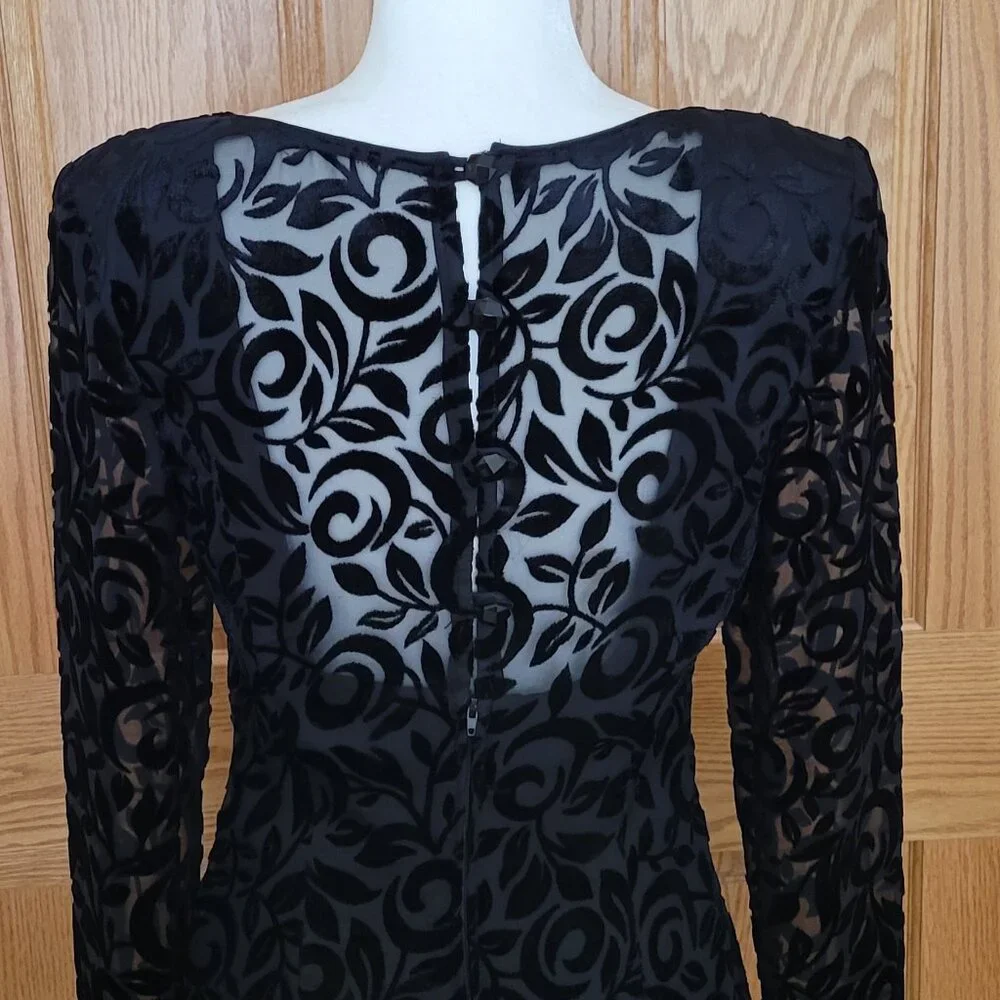 Vintage 90s Black Velvet Burnout Floral Cocktail Dress | Long Sleeve Sheer Y2K